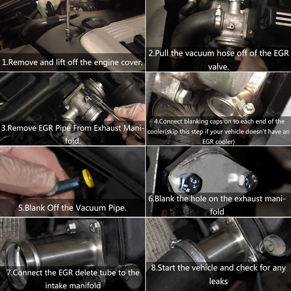 BMW E46 diesel EGR delete kit showing removal pipe, blanking plates, bolts, and vacuum plug