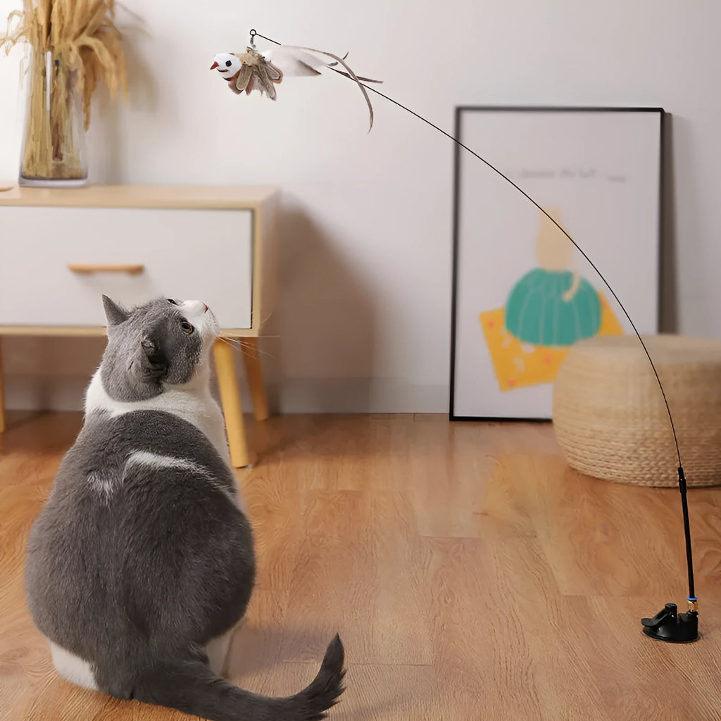 Cat teaser stick with steel wire rod and feather attachment on PVC handle