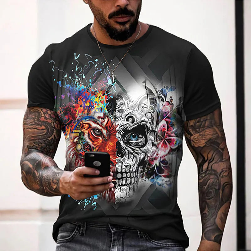 Summer men's 3D skull full-body print short-sleeved T-shirt in round neck style, available in multiple colours