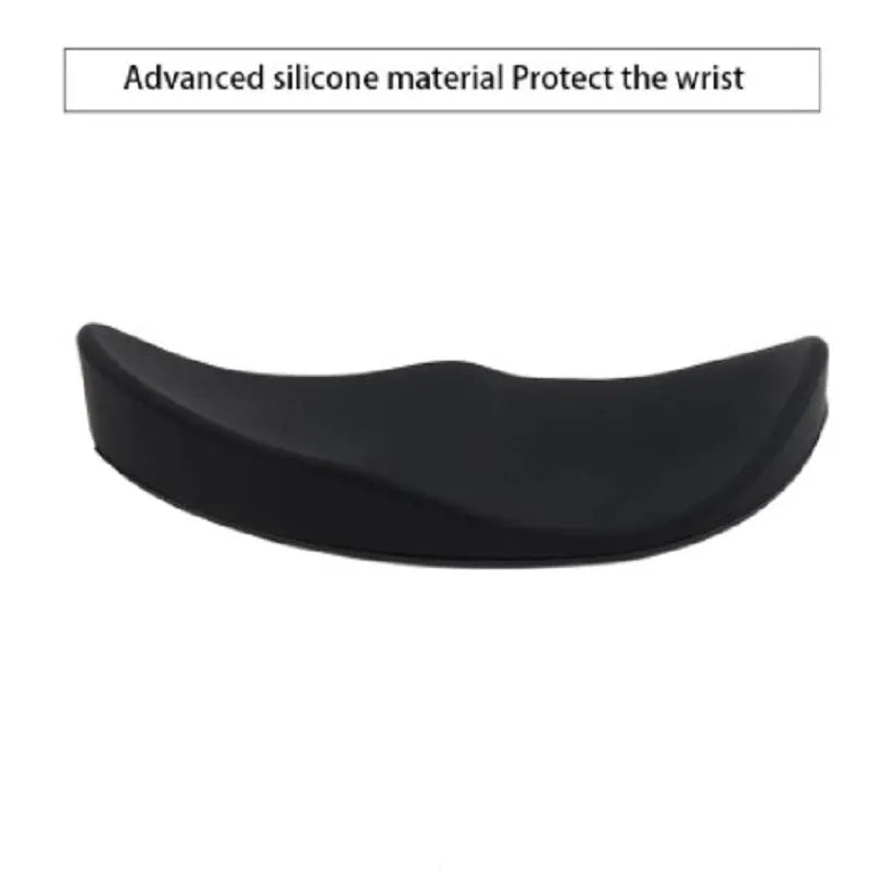 Ergonomic silicone gliding mouse wrist rest for right-handed use, black, 10 x 4.5 x 5 cm, on desk with computer mouse
