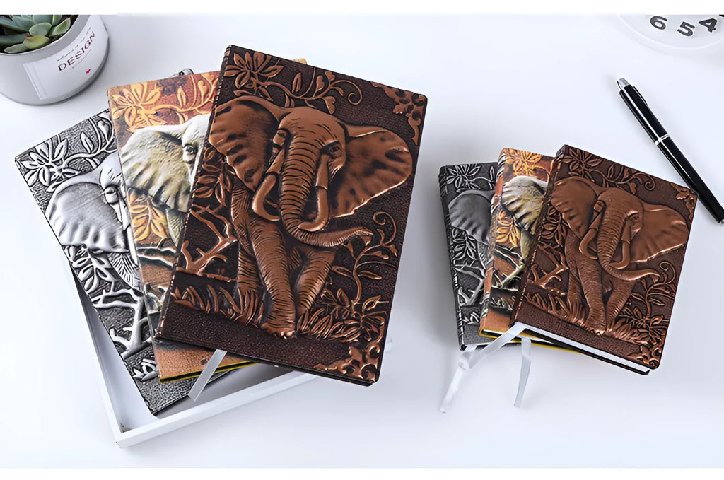 Embossed retro hardcover notebook with PU leather cover, bronze relief highlights, 13.5x20.5cm beige paper, 180-degree spreadable binding