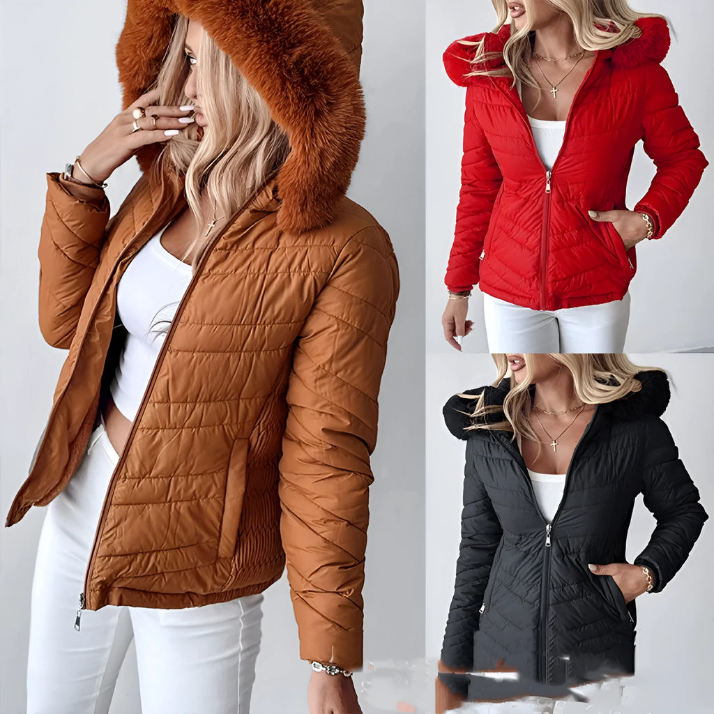 Polyester cotton cinched hoodie with fur collar short jacket in black, long sleeves, commuting style
