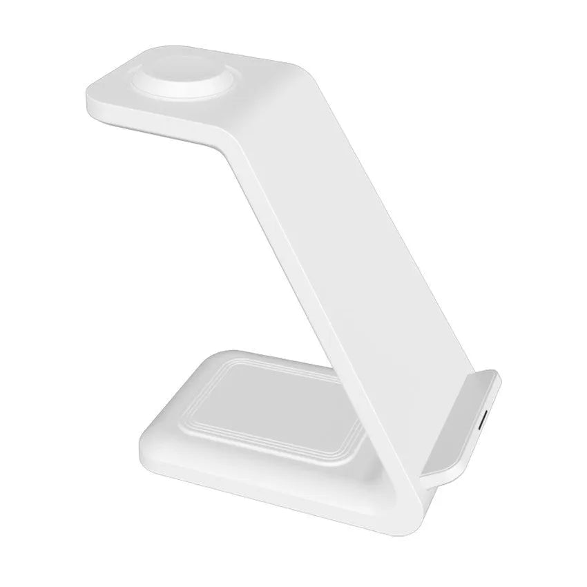 White 3-in-1 upright wireless charging stand holding a mobile phone in landscape orientation on a desk.