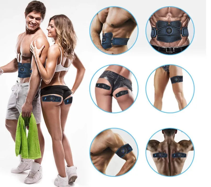 EMS muscle stimulating fitness sticker in blue with rechargeable device for abdominal and leg shaping