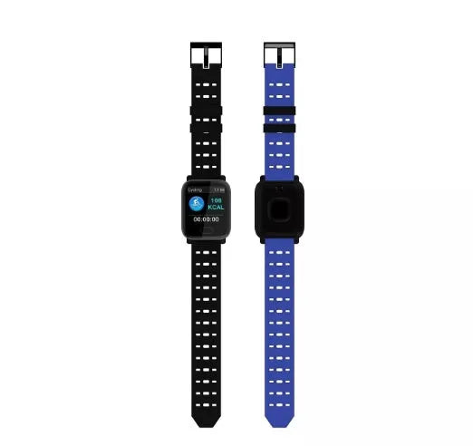 A6 smart bracelet with colour screen and black silicone strap on a wrist, showing fitness data.
