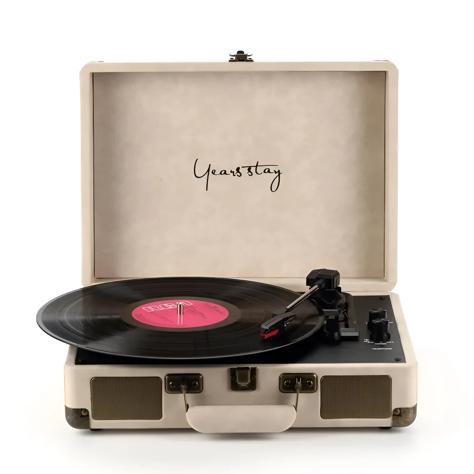 Portable Bluetooth record player in a leather-textured suitcase case, shown in a selection of colours.