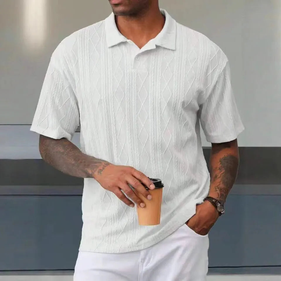 Retro button lapel short sleeve t-shirt in cotton blend fabric with loose fit design