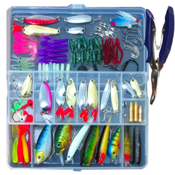 Rose red 132-piece plastic and high-carbon steel fishing lure set in a compact case.