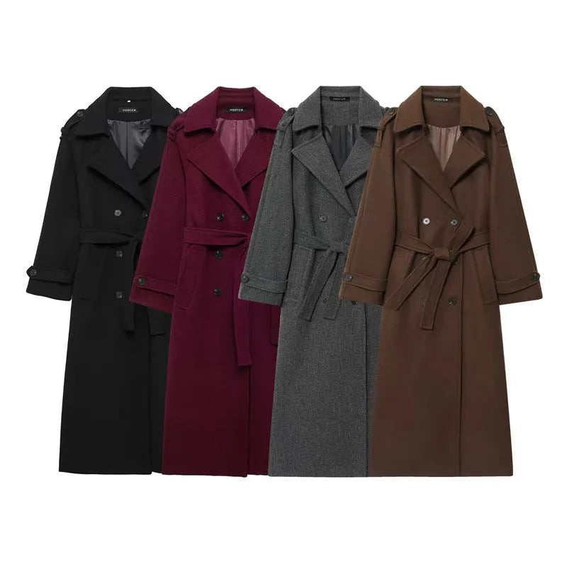 Women's double-breasted long wool coat regular fit with pockets in beige