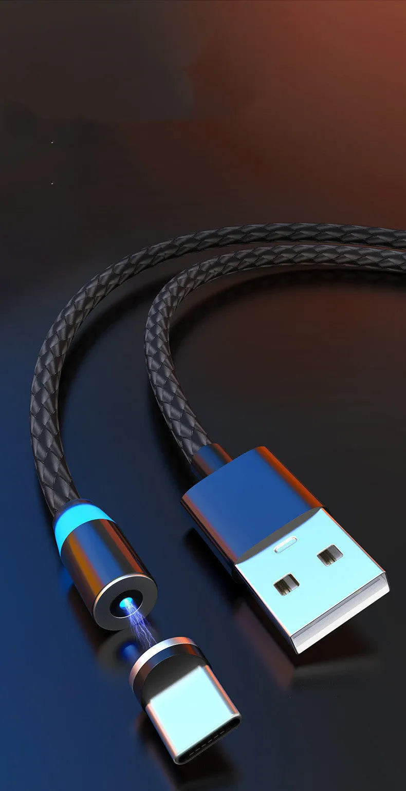 Breathing light magnetic charging cable with LED indicator, showing magnetic tips for iPhone and Android phones.