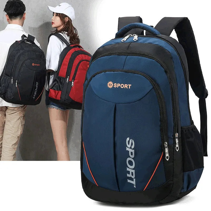 Large nylon backpack with curved shoulder straps in black, blue, grey, or red colours showing 20-35L capacity