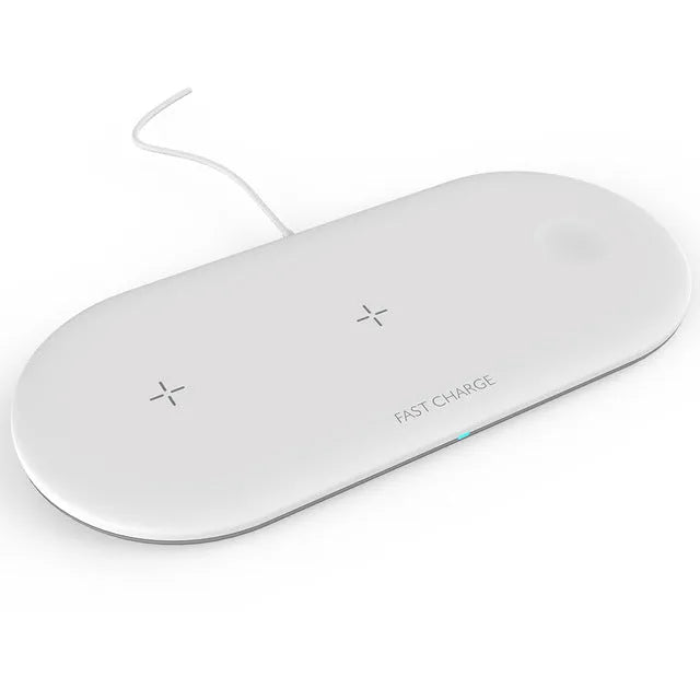 Black three-in-one wireless charging station for Apple Watch, iPhone, and headphones on a desk.