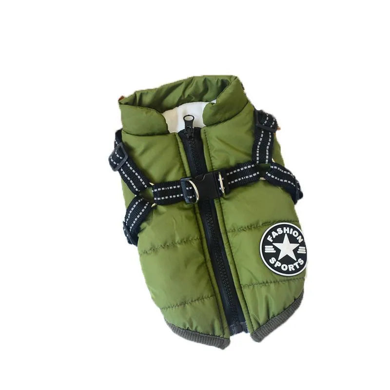 Small dog wearing a waterproof winter hooded coat jacket with reflective trim, adjustable strap, and high-quality zipper in blue colour