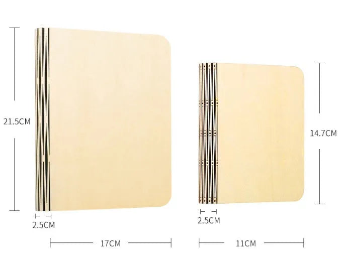Solid wood book light in three sizes with USB cable, showing white and warm white light options.