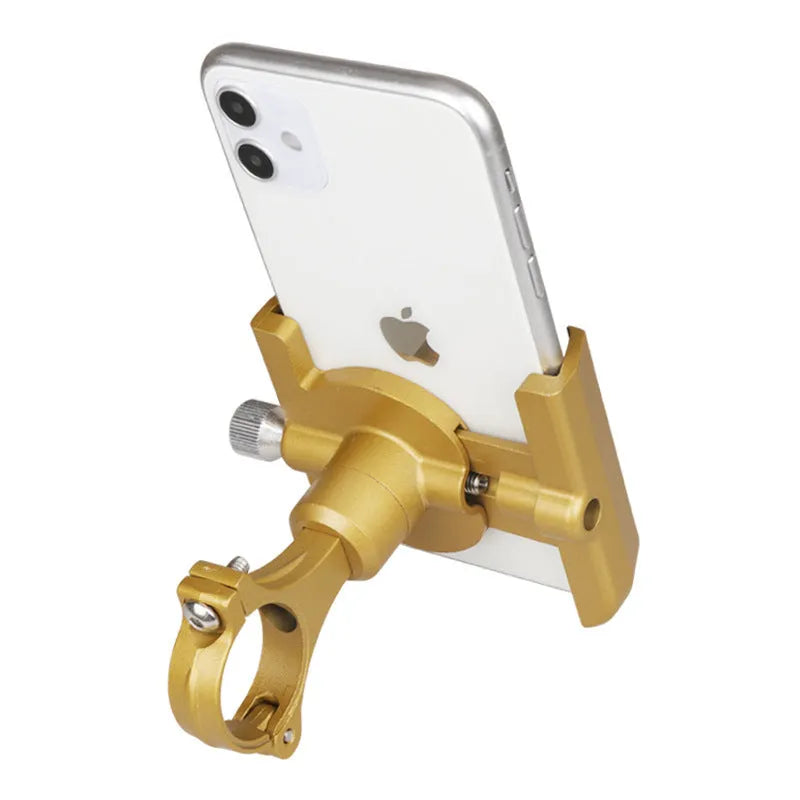 Aluminium bicycle phone holder mounted on handlebar holding mobile phone