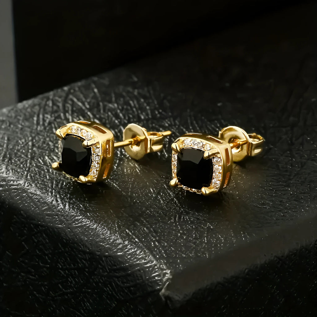 Square retro gold-plated earrings in assorted colours including gold, silver, red, green, and blue
