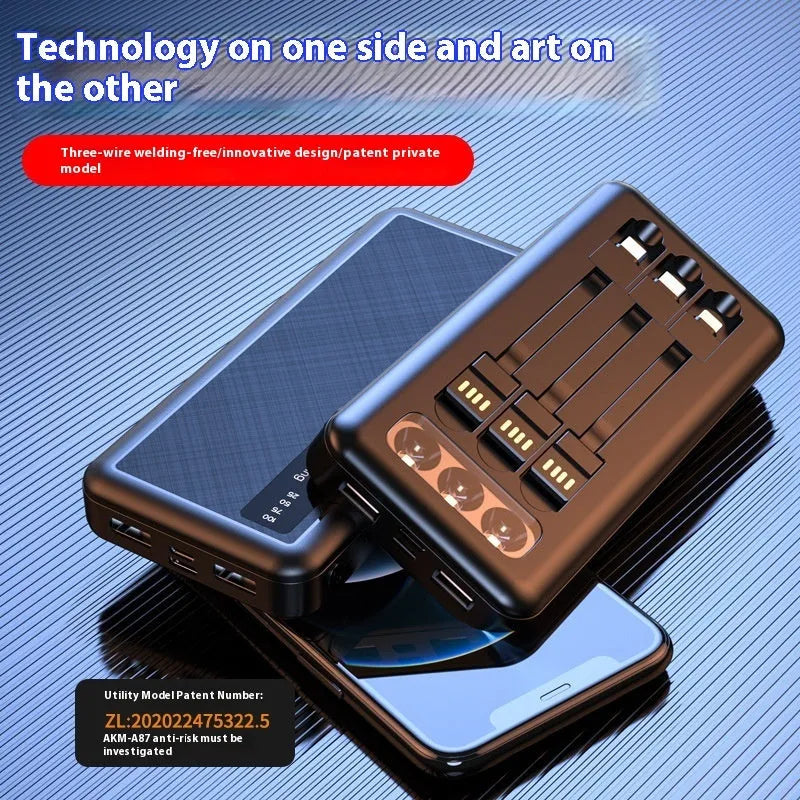 Power bank with detachable cable and light display, black PVC shell, 10000mAh capacity