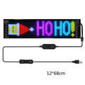 Programmable LED car display showing custom text on bendable ultra-thin screen with USB connection