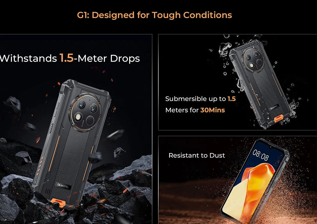 OUKITEL G1 mobile phone in grey, green, or orange colour options