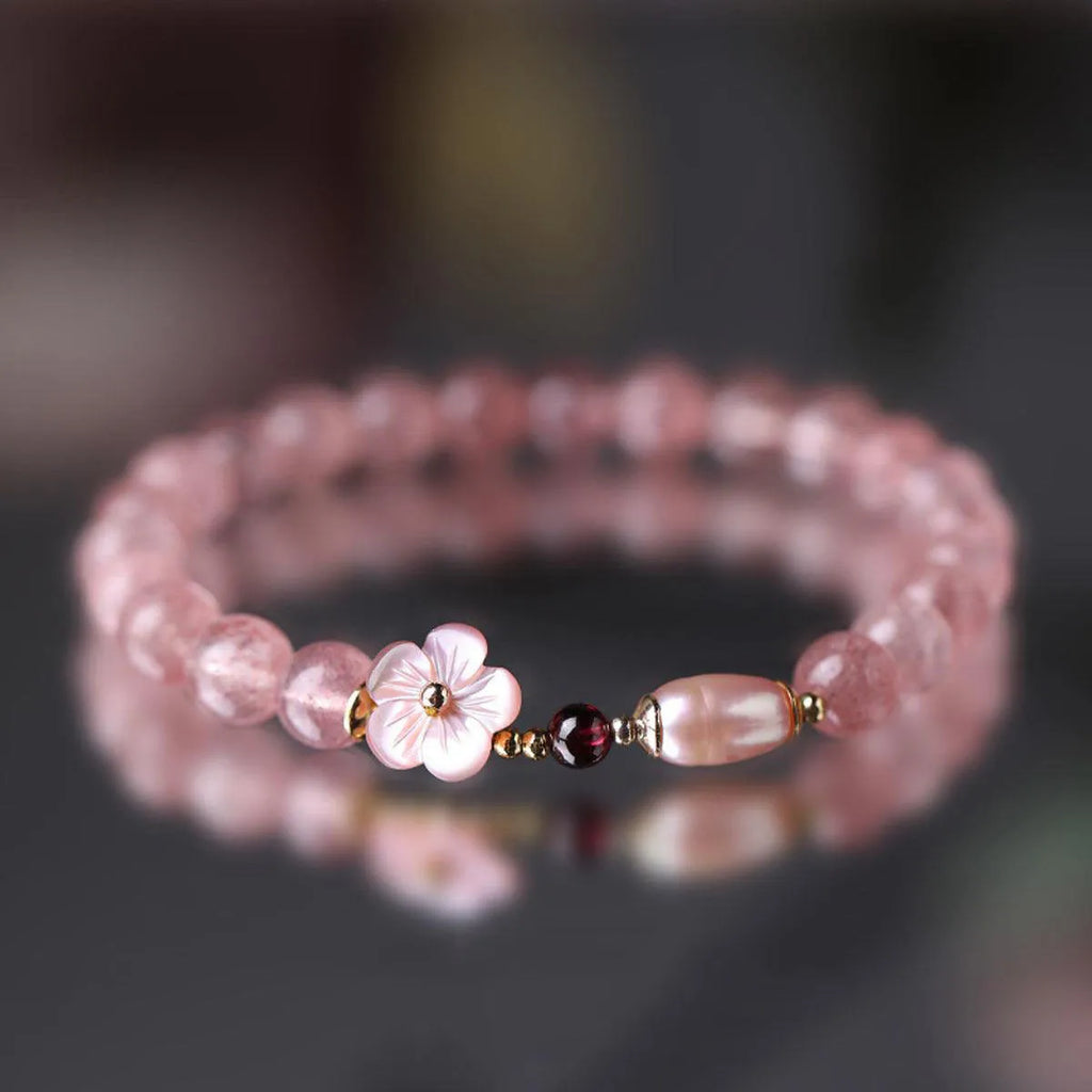 Strawberry quartz peach blossom floral charm crystal bracelet for women.