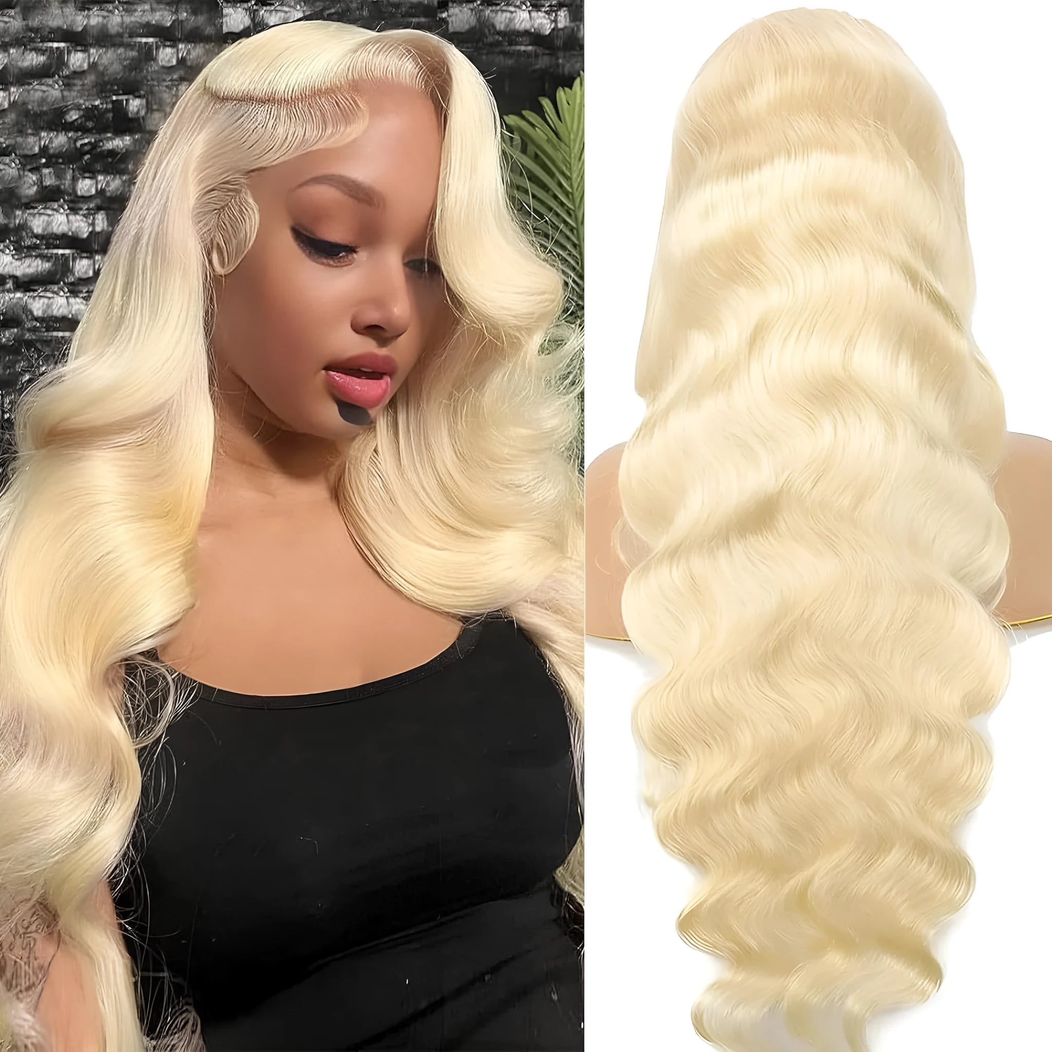 Women's front lace synthetic wig in M1/539/613# colour showing medium-long curly hairstyle from the front and side.