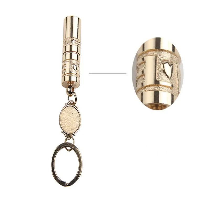 Gold zinc alloy waterproof LED flashlight attached to a keyring.