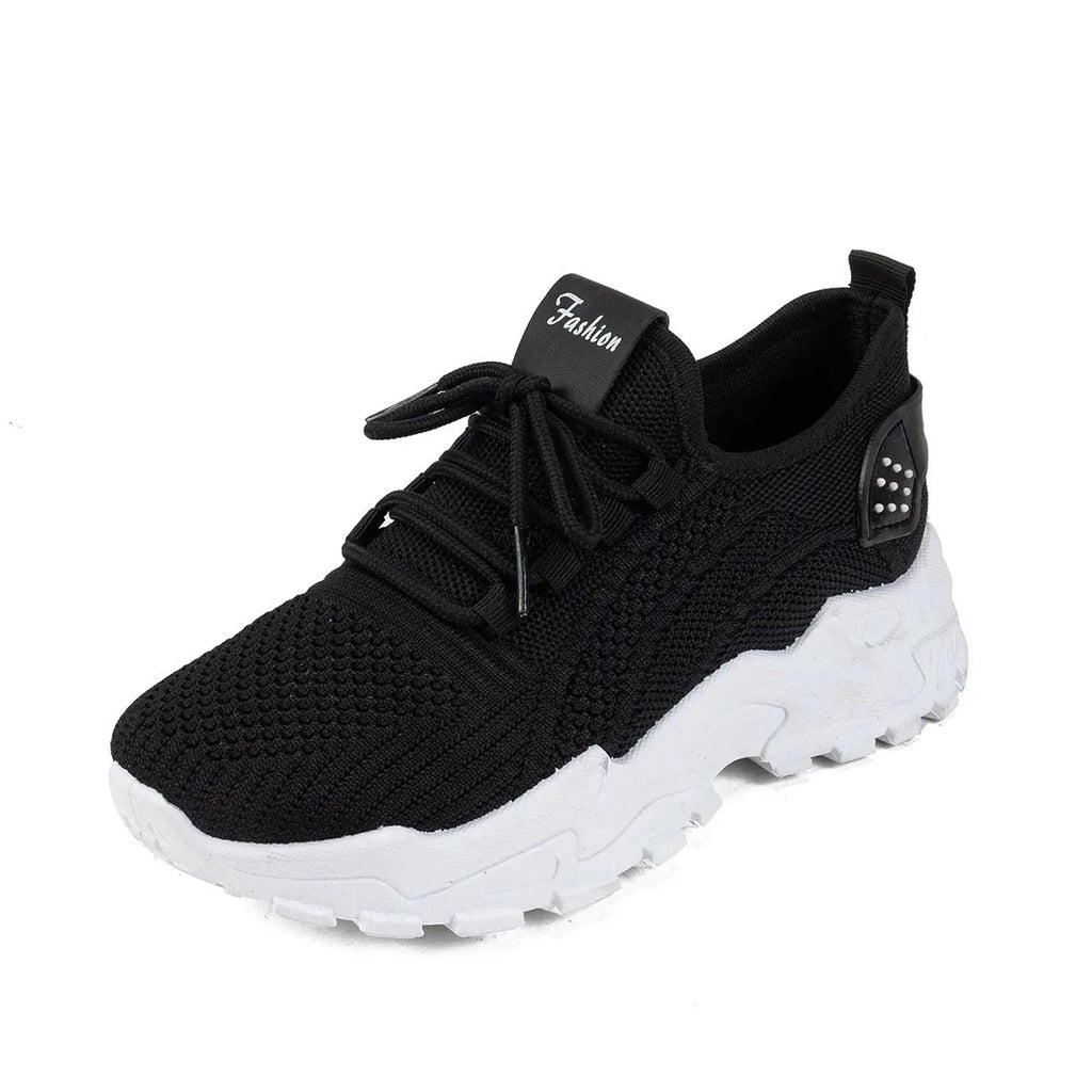 Women's Flyknit mesh casual trainer in multiple colours on a white background, showing lace-up front and round toe design