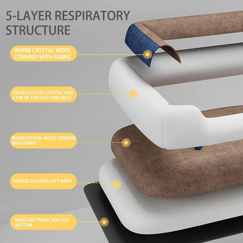 Rectangular plush pet sofa mat in grey shown with size chart showing six dimensions from 45x30cm to 90x70cm