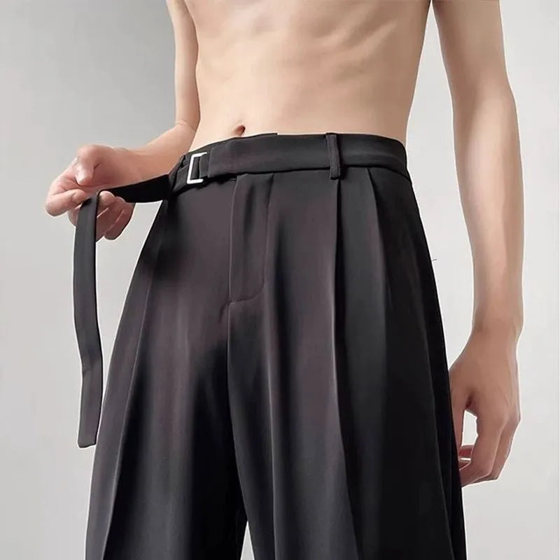 Thin straight black wide leg trousers with non-ironing chemical fibre blend fabric