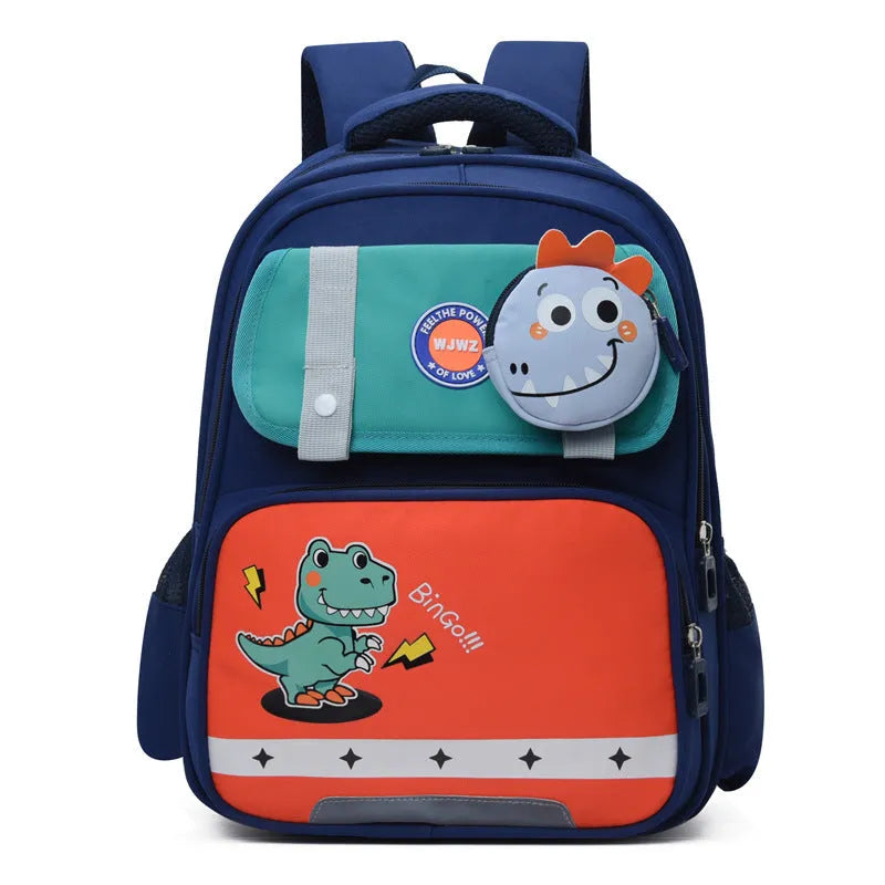 Spine protection schoolbag in dark blue with dinosaur print and air pillow belt