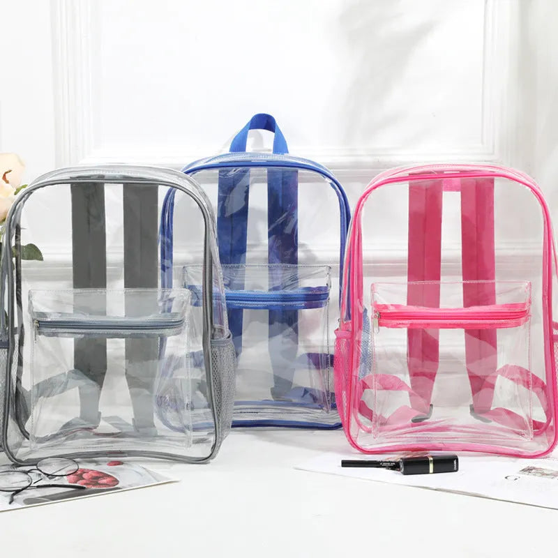 Transparent PVC large capacity travel backpack in multiple colour options including blue and red.