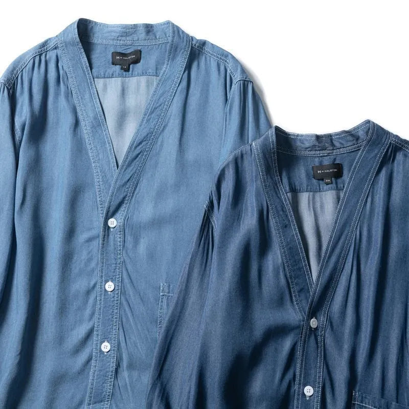 Men's dark blue denim coat with three-quarter sleeves and v-neck collar