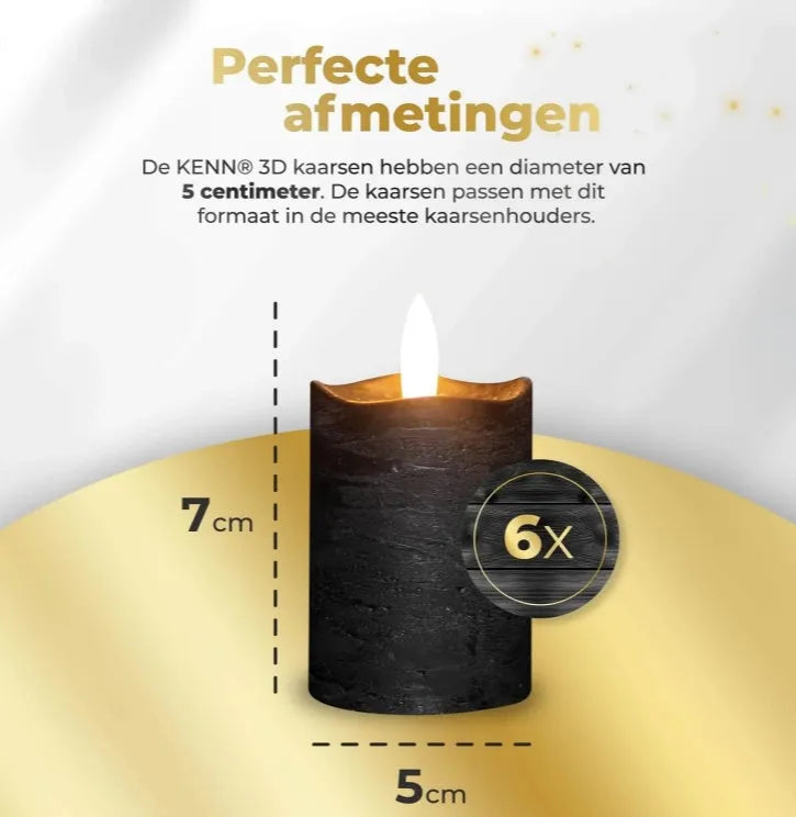 Black S6 LED pillar candle lit, showing flameless light, dimensions 5cm by 7cm.