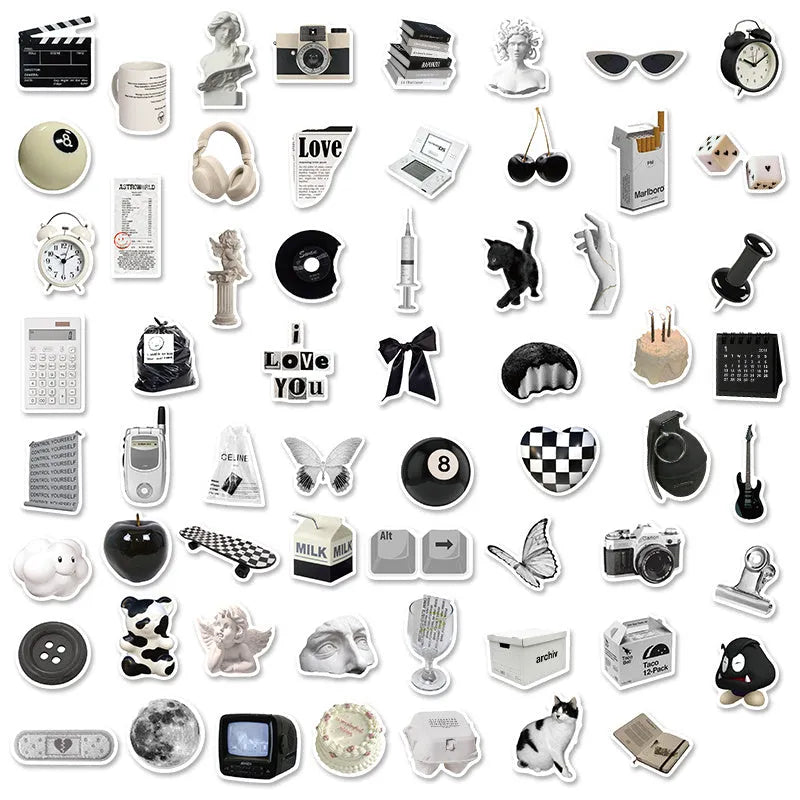 Set of 61 black and white waterproof PVC stickers for laptops, phones, luggage, and other personal items.