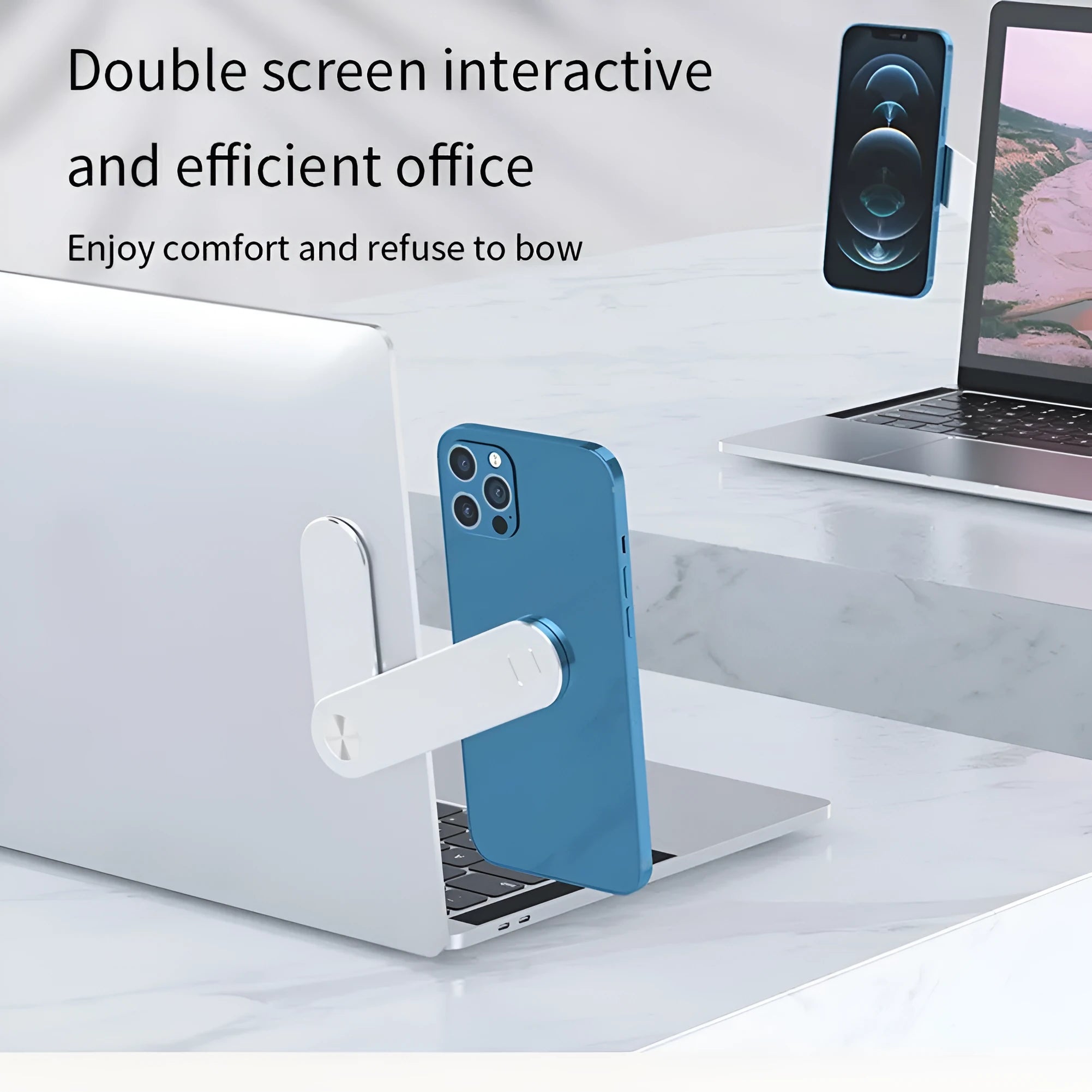 Black aluminium magnetic phone holder clipped to side of a silver laptop.