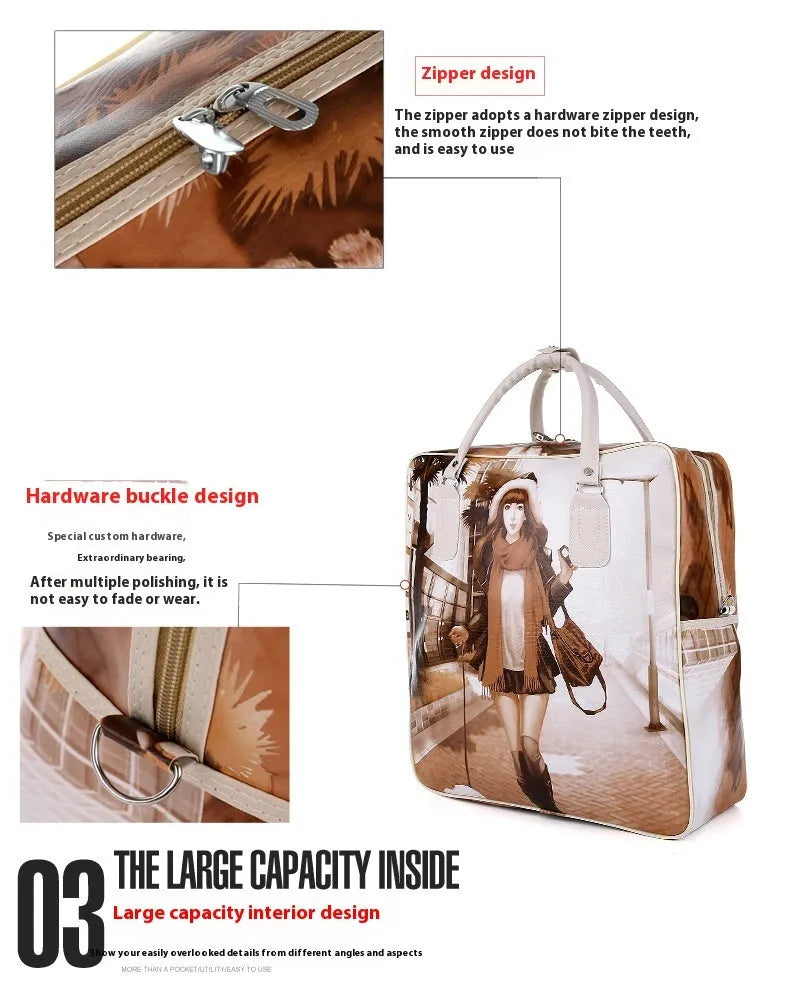 College style travel handbag in cartoon cute design with three-dimensional pockets and soft handles