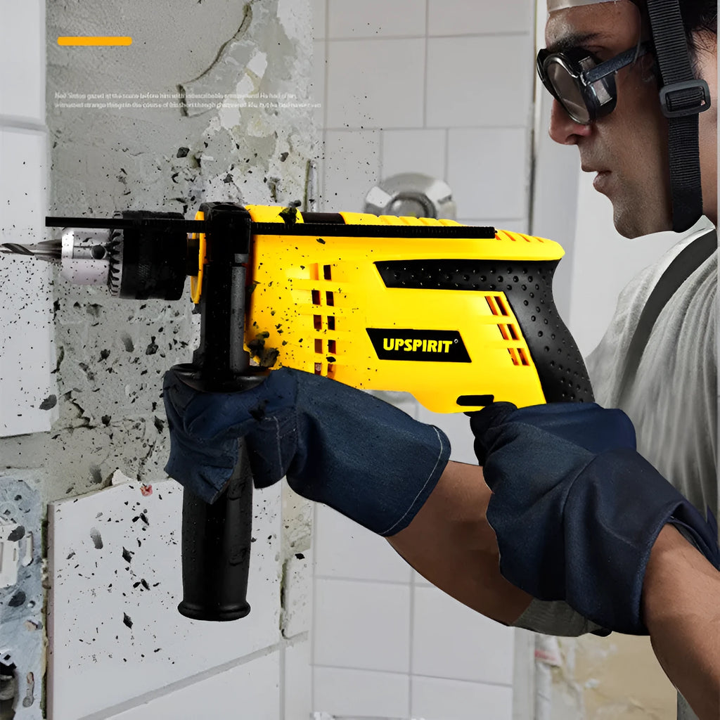 Black 710W electric impact drill with 13mm keyless chuck and variable speed trigger, on a white background