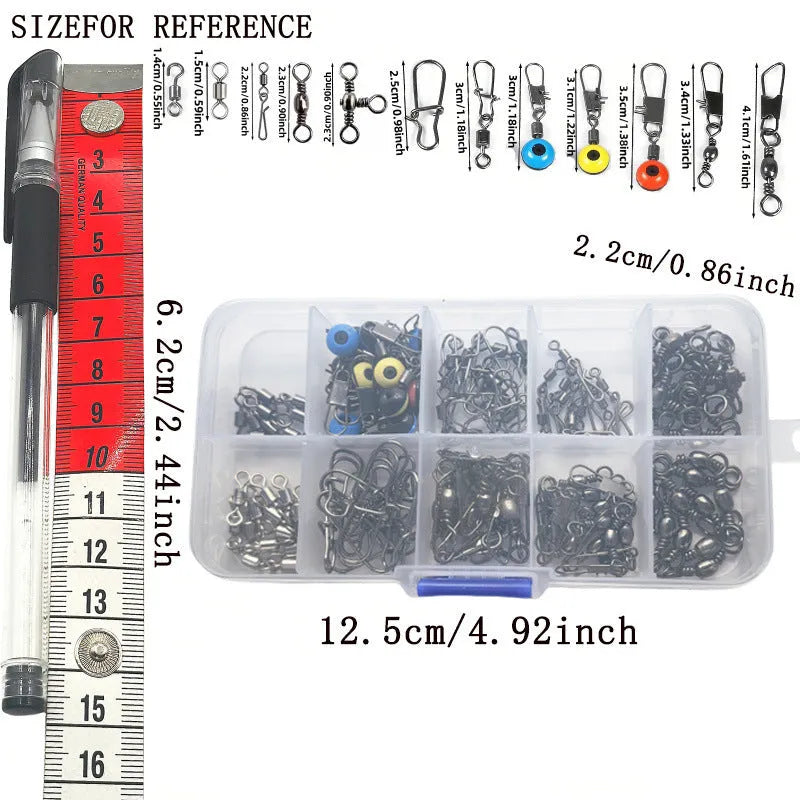 Box of 115 fishing connector swivels with rotating sea bean design in plastic and stainless steel
