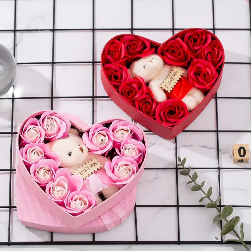 Heart-shaped red gift box with pink and red soap roses for Valentine's Day and Mother's Day gifts