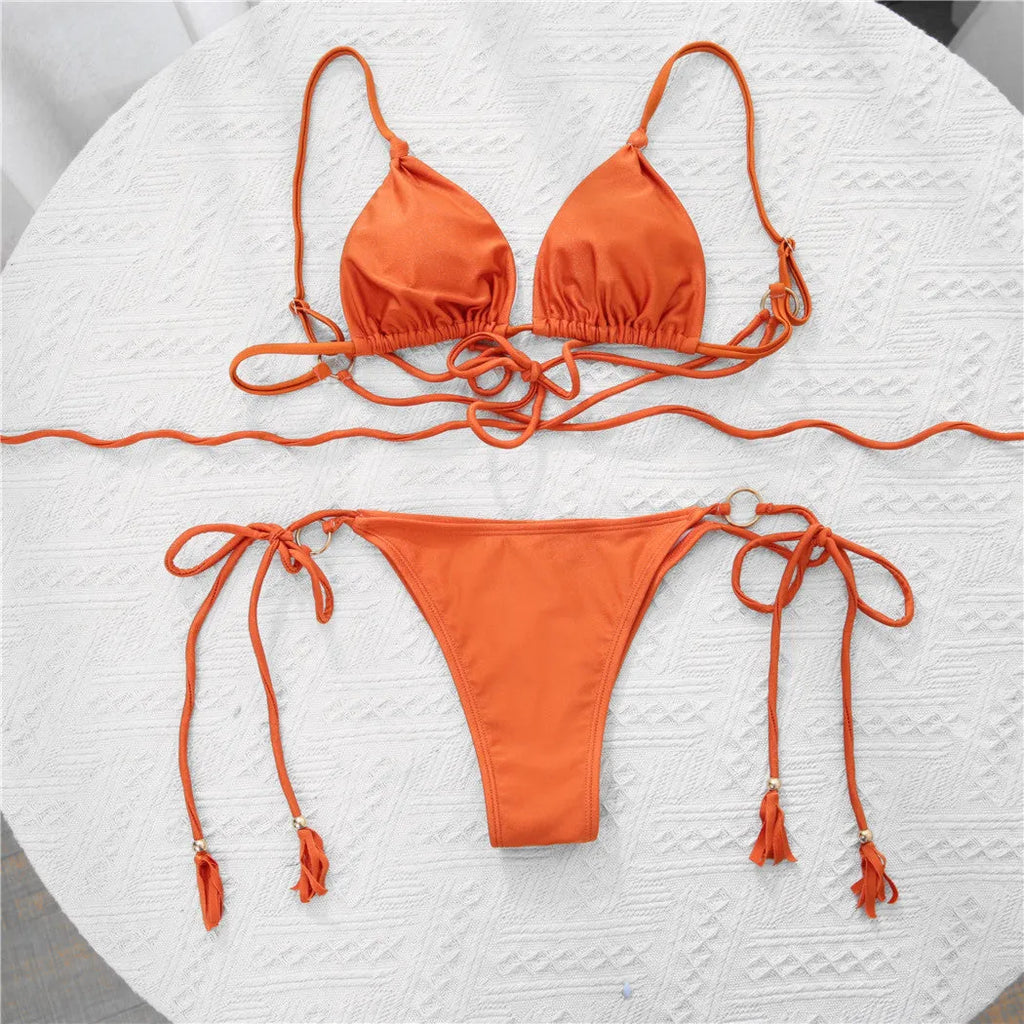 Ladies nylon shiny fabric strap bikini with chest pad, solid colour, brown or pearl powder, sizes S M L