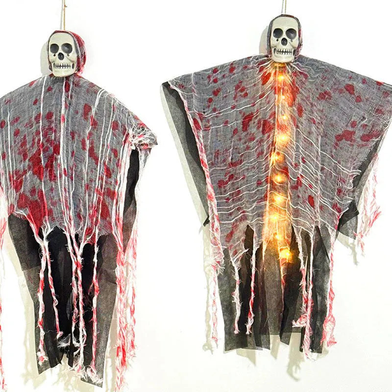 Plastic Halloween hanging ghost ornament with luminous blood-dyed skull.