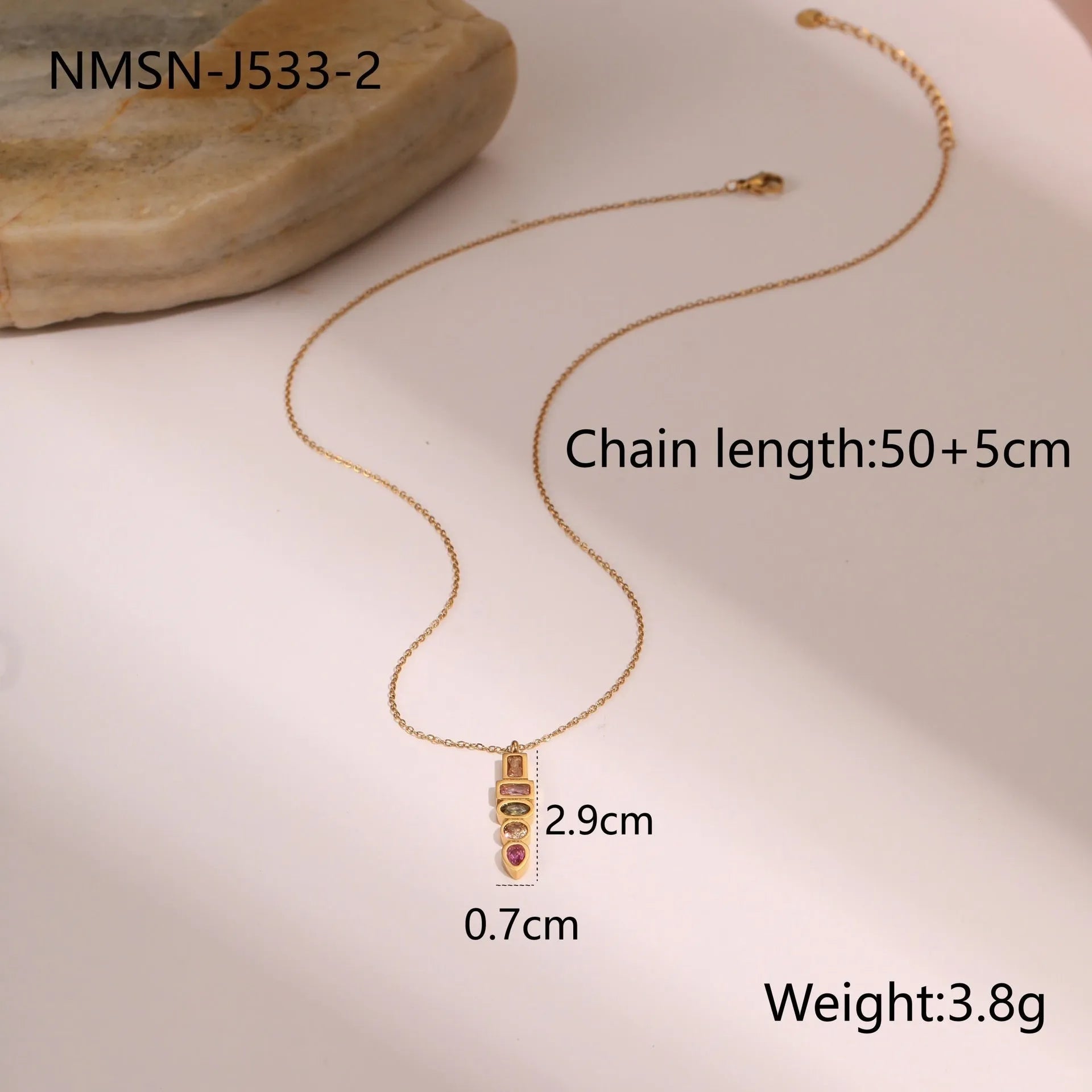 Geometric colour zircon jewellery set with gold-plated necklace, ring, and earrings on stainless steel chain.