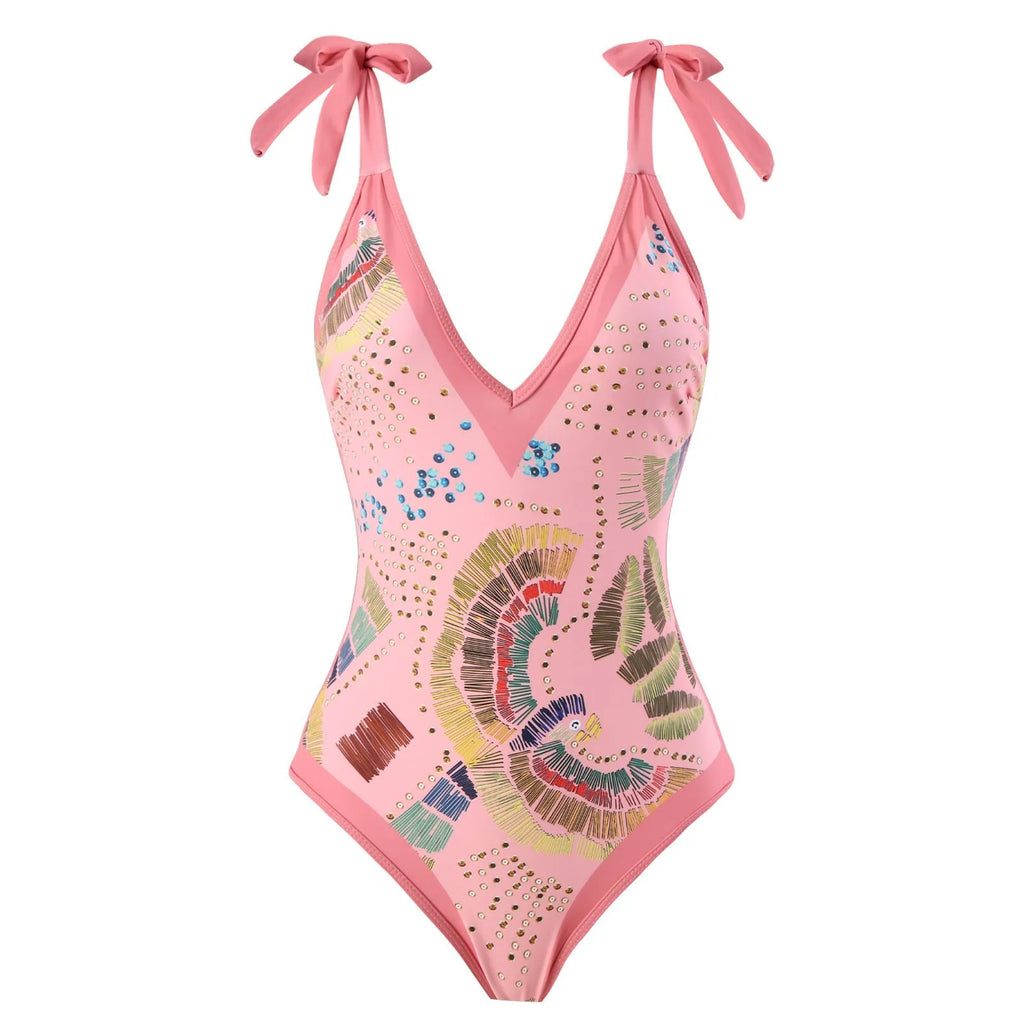 Blue French retro one-piece swimsuit with matching gauze skirt on a mannequin, backless design.