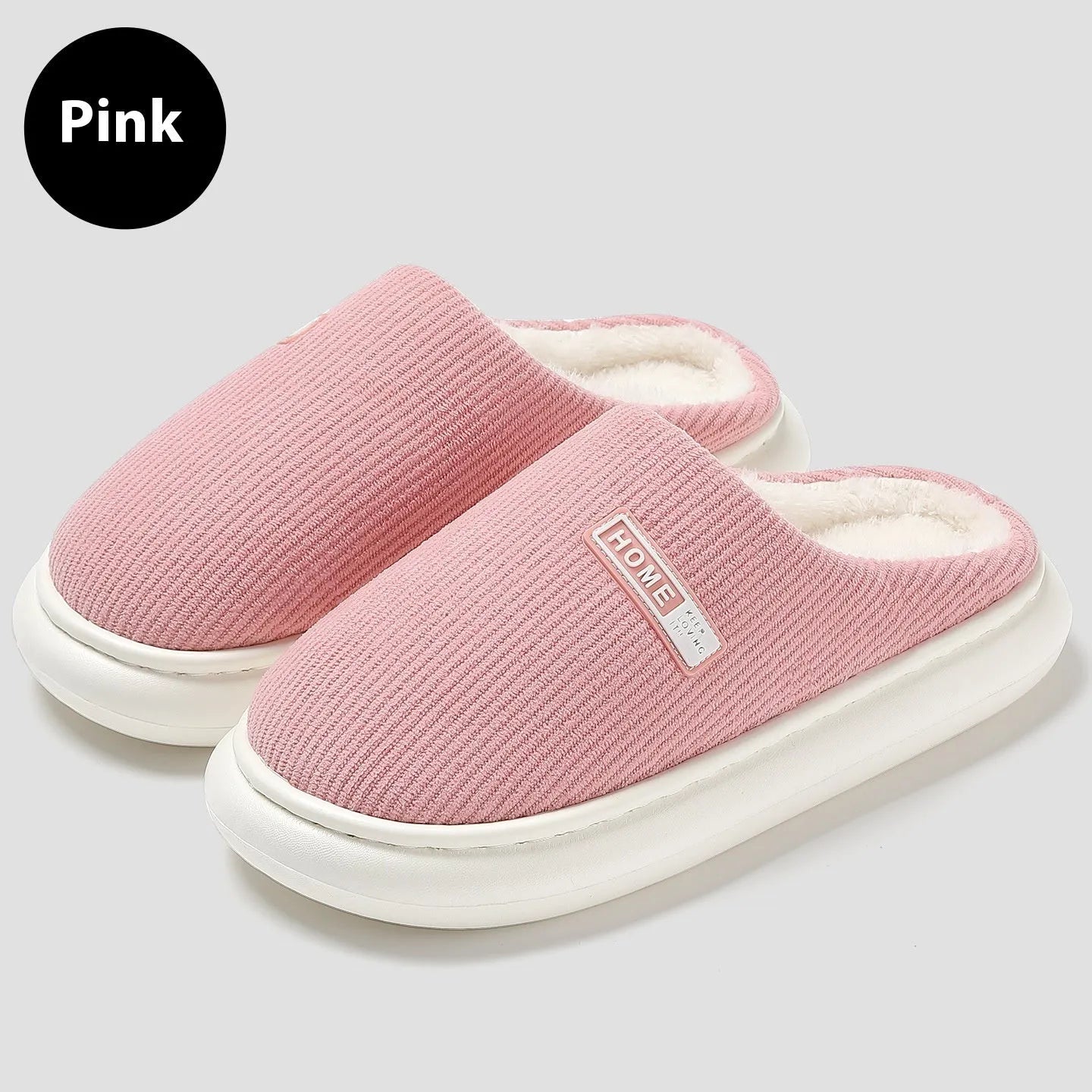 Plush non-slip cotton slippers with striped pattern and EVA sole in gray, green, pink, dark blue, and white