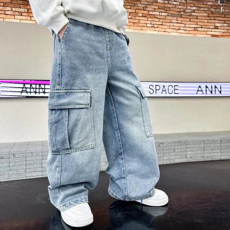 Boys' blue denim mid waist jeans cotton trousers for spring and autumn in multiple height sizes