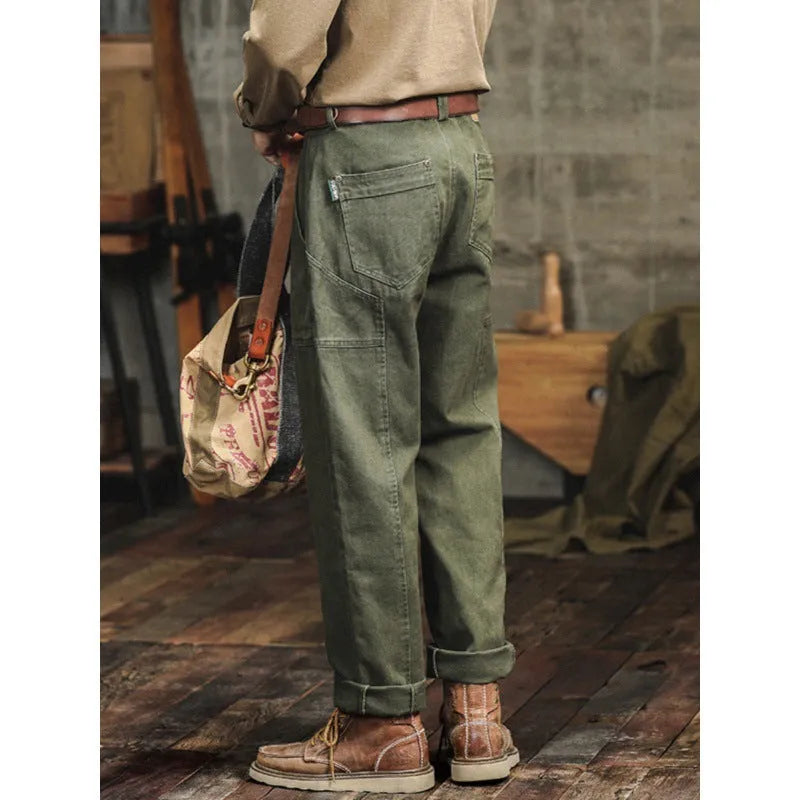 Men's retro cargo trousers in Army Green, cotton bevel cloth, loose straight leg, mid waist, sizes 28 to 38