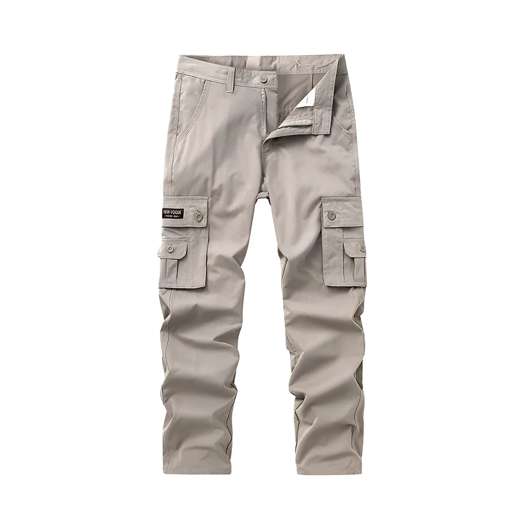 Multi-pocket cargo trousers for men, straight leg, pure cotton, drawstring waist, available in khaki, gray, black, dark blue, army green