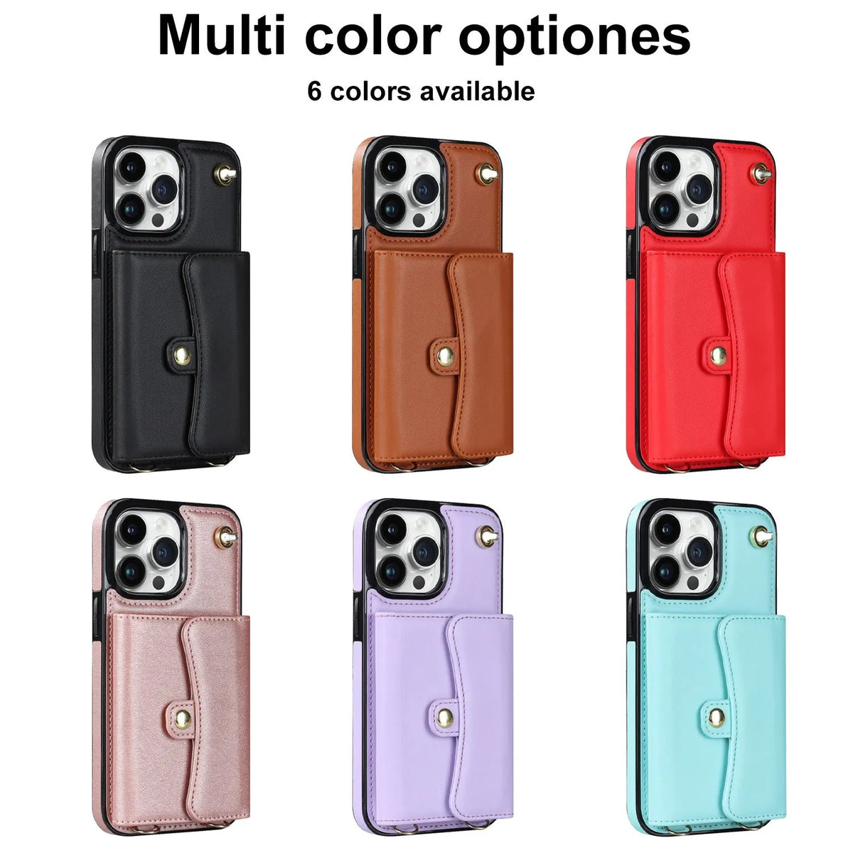Crossbody faux leather iPhone phone case with card holder and shoulder strap, shown in black, rose gold, mint green, red, coffee and purple