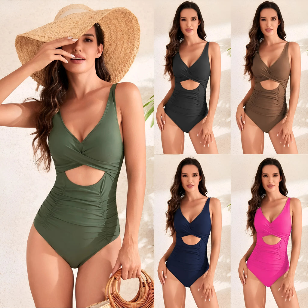 Women's high waist one-piece swimsuit with cross back and pack pleating in solid colour