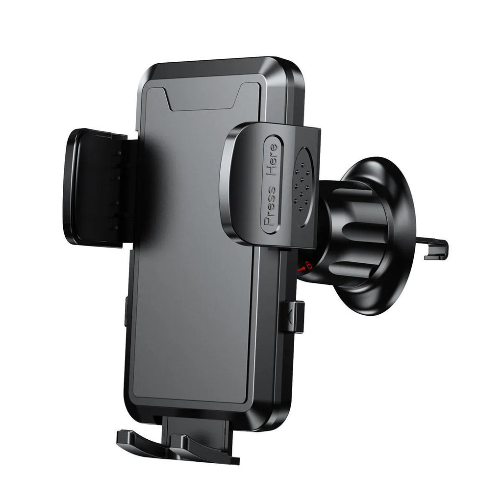 Car phone holder clipped onto a vehicle air conditioning vent, available in black, carbon fibre black, or grey plastic